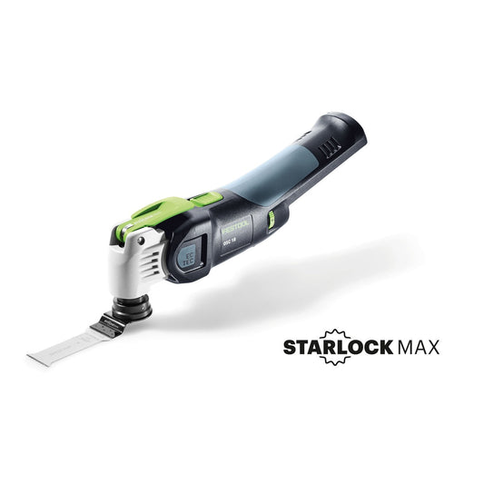 Festool VECTURO OSC 18 E-Basic Akku-Oszillierer mit StarlockMax-Werkzeugaufnahme und Metallschliffplatte.