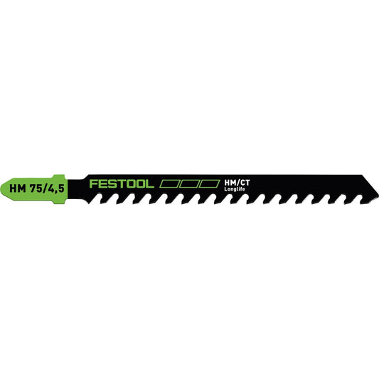 Festool Stichsägeblatt HM 75/4,5 mit Hartmetallzähnen für abrasive Baustoffe, T-Schaft, grüne Codierung.