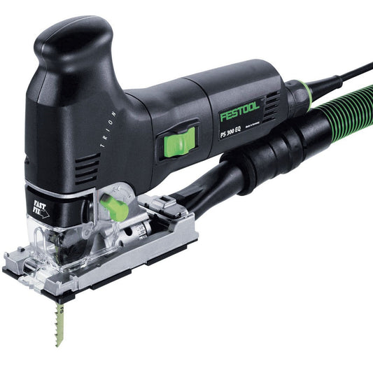 Festool Pendelstichsäge PS 300 EQ mit Sägeblatt, grünem Absaugschlauch und ergonomischem Griff.