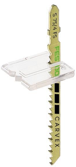 Festool Splitterschutz SP-PS/PSB 300/5 mit transparenter Schutzplatte und Sägeblatt in Detailansicht.