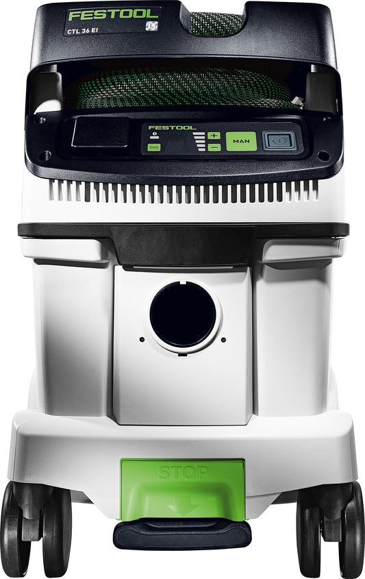 Festool CTL 36 EI Absaugmobil CLEANTEC Übersicht von oben mit Behälter, Bedienfeld und grüner Stoppaste