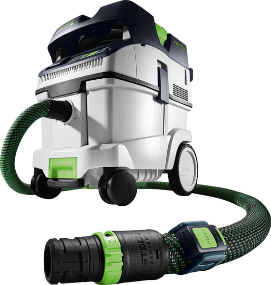 Festool CLEANTEC CTL 36 EI AC Absaugmobil mit grünem Saugschlauch und Anschlussmuffe, Frontansicht.