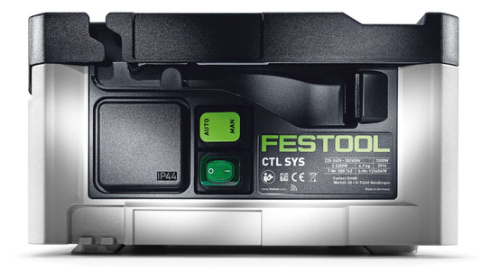 Festool CTL SYS Absaugmobil Draufsicht mit grünem Ein-Aus-Schalter, IP44-Anschluss und Systainer-Format