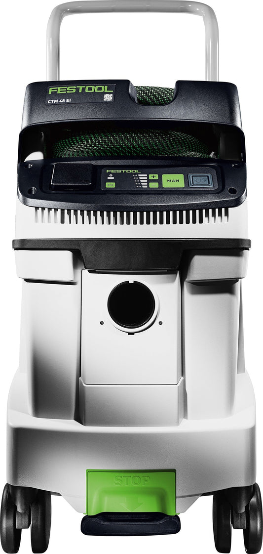 Festool CLEANTEC CTM 48 EI Absaugmobil Frontansicht mit 48l Behälter, Bedienfeld und grünem Fußpedal