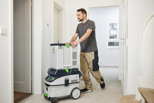 Festool Luftreiniger SYS-AIR M im Einsatz in Innenraum, mobiler Einsatz auf Baustelle mit Handgriff und Rollen