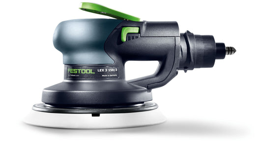 Festool Druckluft-Exzenterschleifer LEX 3 150/3 mit 3 mm Hub und grünem Absaugstutzen, Seitenansicht