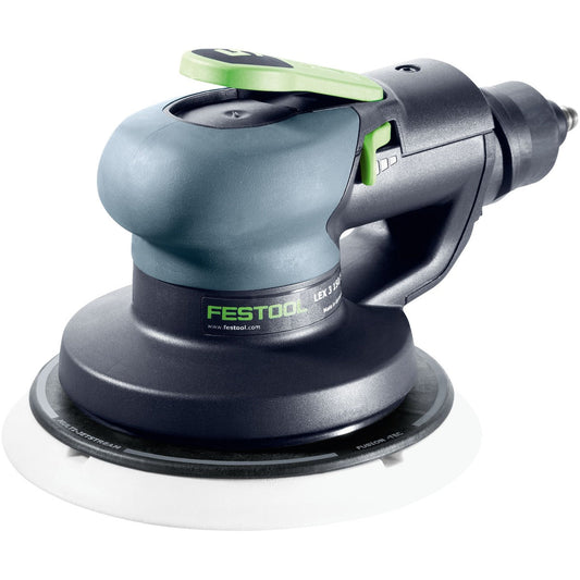Festool Druckluft-Exzenterschleifer LEX 3 150/3 mit 150 mm Schleifteller und grünem Absaugadapter, Draufsicht.