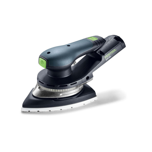 Festool DTSC 200 Akku-Deltaschleifer mit grünem Schalter und LED-Lichtring, Ansicht von links oben