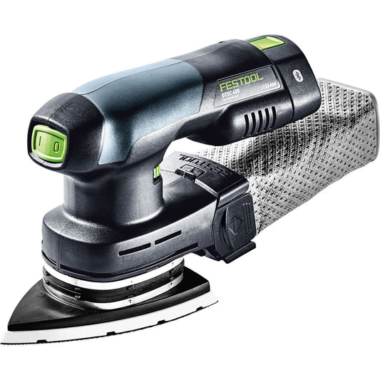 Festool DTSC 400 Akku-Deltaschleifer mit Schleifschuh auf perforiertem Schleifteller, Ansicht von vorne.