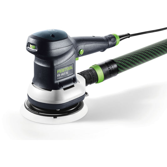 Festool Exzenterschleifer ETS 150/3 EQ-Plus mit Absaugschlauch, Schleifteller und grünen Bedienelementen