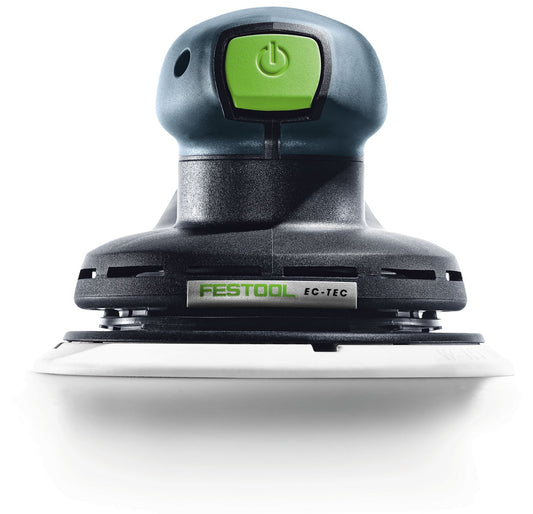 Festool Exzenterschleifer ETS EC 150/3 EQ-Plus, Aufsicht mit grünem Ein-Aus-Schalter und Schleifteller