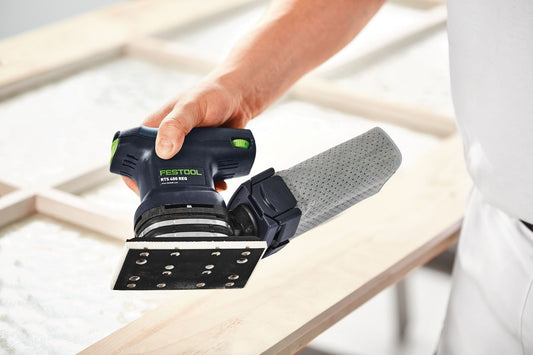 Festool RTS 400 Schleifschuh mit Schleifteller beim Schleifen von Holz, StickFix Klettbelag