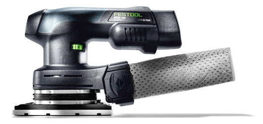 Festool RTSC 400-Basic Akku-Rutscher mit Schleifschuh, Staubfangbeutel und grüner Akku-Anzeige.
