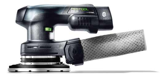 Festool RTSC 400 Akku-Rutscher mit 18V Akkupack, Schleifschuh und Absaugschlauch in Seitenansicht.