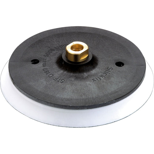 Festool Schleifteller mit Klettbelag, schwarze Schleiffläche, weiße Trägerplatte, Messingaufnahme M8, Durchmesser 150 mm