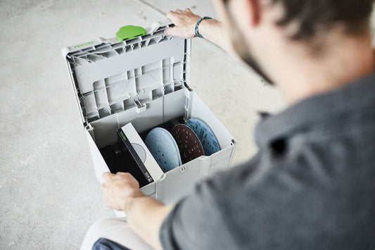 Festool Systainer³ SYS-STF-D225 mit Schleifmitteln 225mm, offen, Schleifscheiben in fünf Fächern sortiert