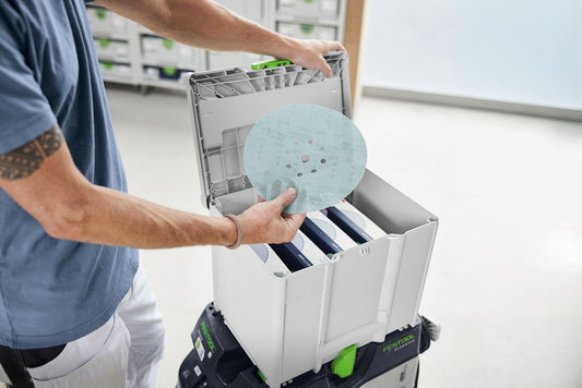 Festool Schleifmittel-Systainer³ mit Granat Net D225 Netzschleifscheiben in sortierter Aufbewahrung, geöffnet