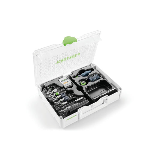 Festool SYS3 M 89 ORG CE-SORT Montagepaket mit 104-teiligem CENTROTEC Zubehörsortiment im Systainer Organizer, geöffnet.