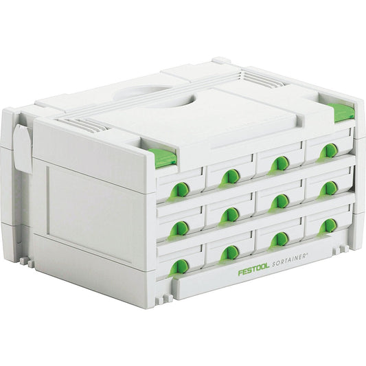 Festool SORTAINER SYS 3-SORT/12 Schubladensystem mit 12 grünen Schubladen zur Aufbewahrung von Kleinteilen und Zubehör
