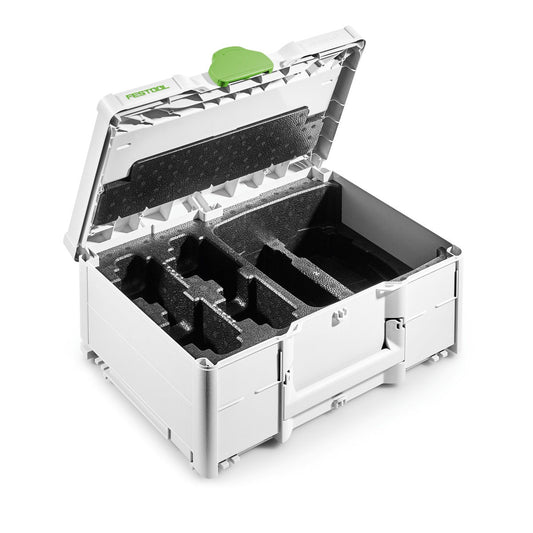 Festool Systainer³ SYS3 M 187 mit offenetem Deckel, schwarze Schaumstoffeinlage für 18V-Akkupacks und Ladegeräte