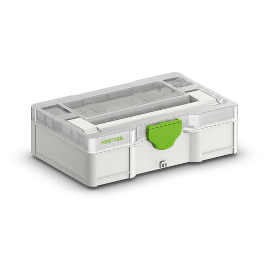 Festool Systainer³ SYS3 S 76 TRA mit grünem Verschluss und transparentem Deckel, Kleinteile-Behälter mit Trennstegen.