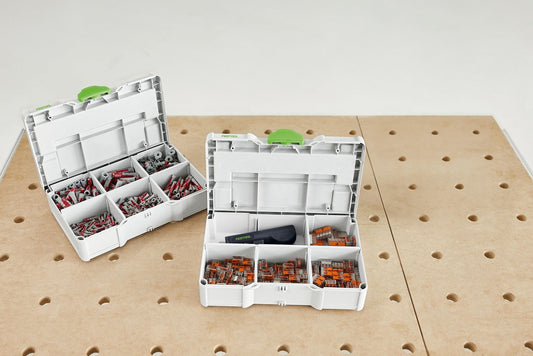 Festool Dübel-Set SYS3 S 76 mit fischer DuoPower und DuoBlade Dübeln in Systainer auf Werkbank