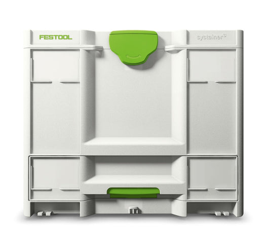 Festool Systainer³ SYS3-COMBI M 337 Frontansicht mit Schublade und grünen Griffen