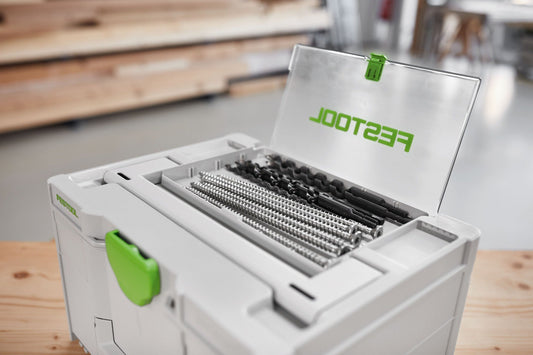 Festool Systainer³ SYS3 DF M 237 geöffnet mit Bit- und Bohrerkassetten in transparentem Deckelfach und Fächern