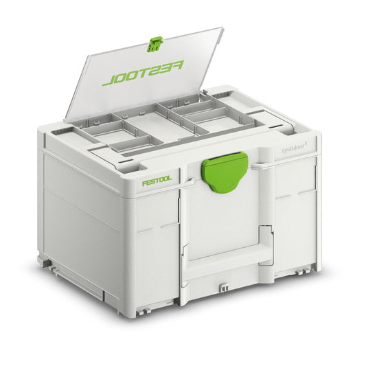 Festool Systainer³ SYS3 DF M 237 mit geöffnetem Deckel und variablen Trennstegen für Werkzeugaufbewahrung.