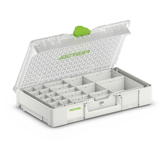 Festool Systainer³ Organizer SYS3 ORG L 89 mit 20 Einsatzboxen, transparentem Deckel und grünem T-LOC Bedienelement.
