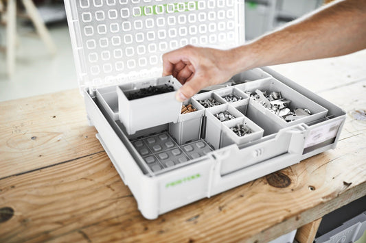 Festool Einsatzboxen Box 100x150x68 mit 6 Boxen zur Aufbewahrung von Kleinteilen wie Schrauben und Nägeln, geöffnet auf