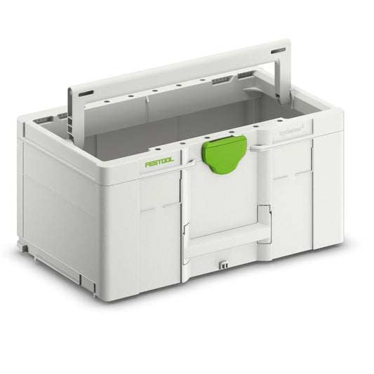 Festool Systainer³ ToolBox SYS3 TB L 237 mit offener Deckelklappe, grünem Verschluss und Tragegriff, weiße Kunststoffbox.