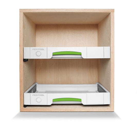 Festool Auszug SYS-AZ Regalsystem mit zwei Schubladen und Tablarboden in Sperrholzbox Frontansicht