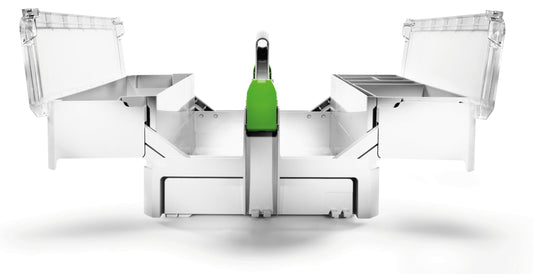 Festool SYS-StorageBox SYS-SB Kleinteilebox mit geöffneten Deckeln und schwenkbaren Oberflächern, Draufsicht