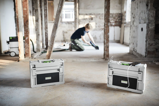 Festool TOPROCK SYS3 BT20 M 137 Bluetooth Lautsprecher im Systainer³-Format auf Baustelle, Anwendungsbeispiel