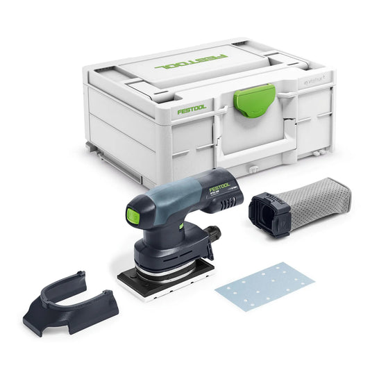 Festool Akku-Rutscher RTSC 400 mit Systainer, Schleifschuh, Staubfilter und Schleifmittel im Lieferumfang.