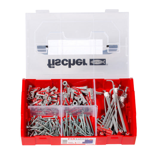 fischer FIXtainer DuoPower DuoTec 200-tlg Sortimentsbox mit Dübeln, Schrauben und Haken geöffnet