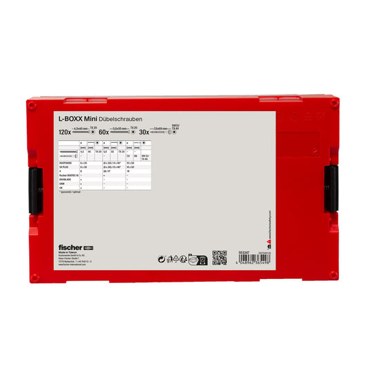fischer L-Boxx Mini Dübelschrauben 210-tlg. Klickbox rot, Rückansicht mit Produktinformationen und Sortiertabelle.