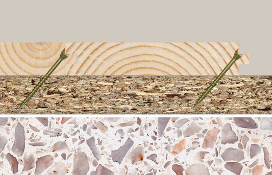 Schräg verschraubte Holzschrauben zur Befestigung von Holz auf Holzwerkstoff