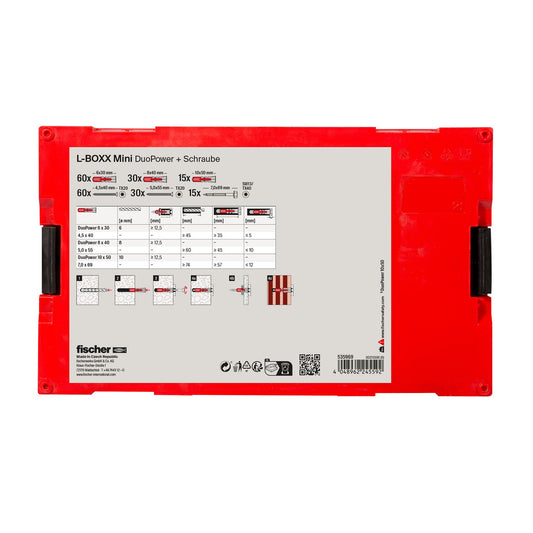 fischer L-BOXX Mini DuoPower Schrauben-Set mit 210 Teilen, Übersicht Lieferumfang und Anwendungstabelle