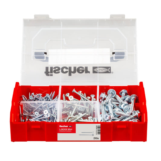 fischer L-Boxx Mini Dübelschrauben-Set 210-teilig, sortiert in roter Klickbox mit Tragegriff, verzinkte Befestigungstechnik
