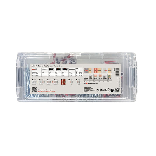 fischer Mini-FixTainer DuoPower + Schraube, 160-teilig, transparente Kunststoffbox mit Befestigungsmaterial und Anleitung.