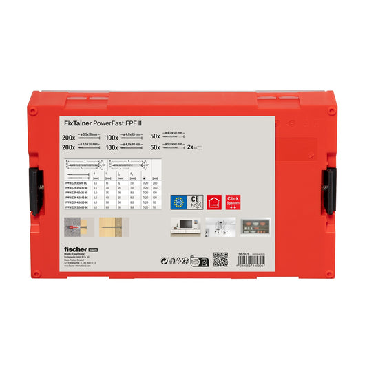 fischer FIXtainer PowerFast FPF II Sortiment mit Spanplattenschrauben verschiedener Größen in rotem Kunststoffkoffer