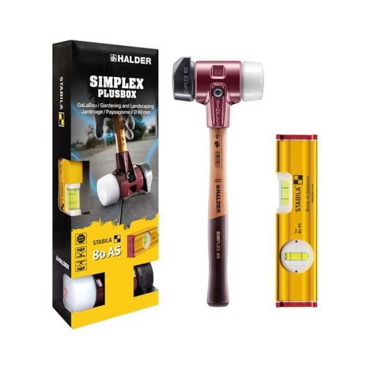 HALDER SIMPLEX-Plusbox Galabau mit Schonhammer, Standfuß und STABILA Wasserwaage im Lieferumfang.