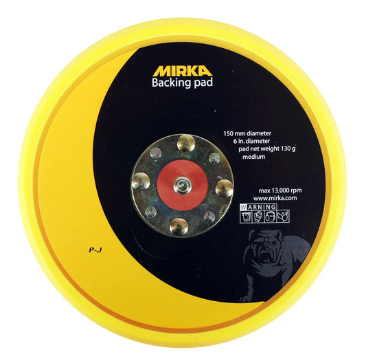 Mirka Schleifteller 150mm Medium STICK mit gelbem Kunststoffrahmen, rot-schwarzer Schleifplatte und Lochwerkzeug-Anschluss