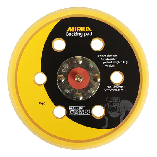 Mirka Schleifteller 150 mm STICK Medium, Draufsicht gelb-schwarz mit Befestigungslöchern, max. 13.000 rpm