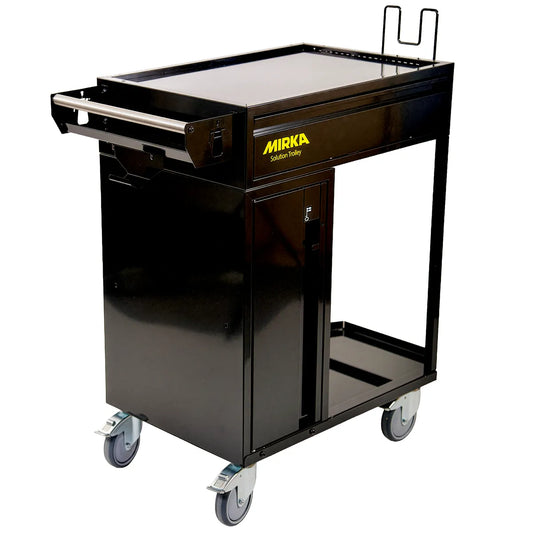 Mirka Solution Trolley II Werkstattwagen, schwarzer mobiler Arbeitstisch mit ausziehbarer Ablage und Schrankabteil.