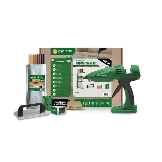 Wood Repair PRO WR 540 Akku-Pistolen-Set mit grüner Spritze, Holzfüller-Stiften, Schleifer und Zubehör.
