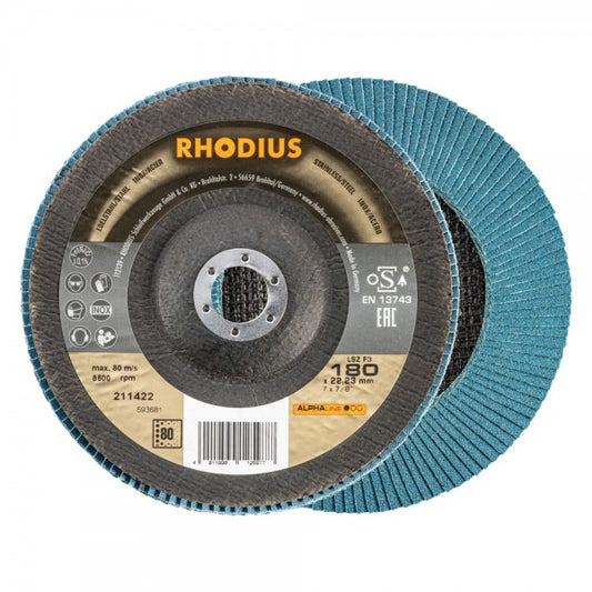 Rhodius LSZ F3 Fächerschleifscheibe Zirkonkorund 180mm Körnung 80, Vorder- und Rückseite