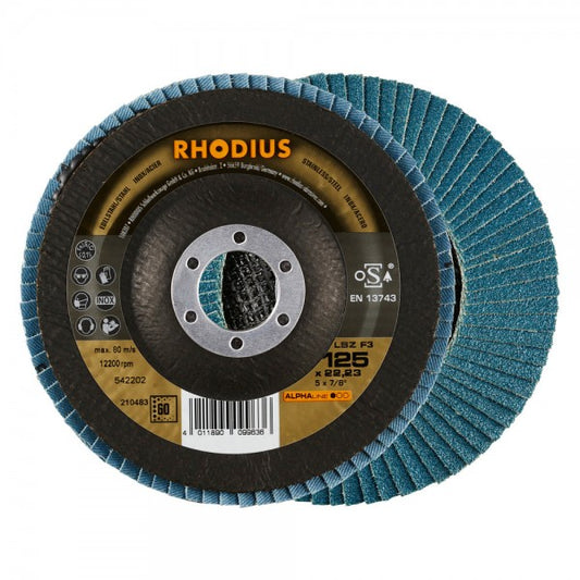 Rhodius LSZ F3 Fächerschleifscheibe 125 mm mit Zirkonkorund und vibrationsdämpfendem Träger, Hauptansicht.